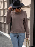 Perfee Cutout Round Neck Long Sleeve Sweater - Delanoir