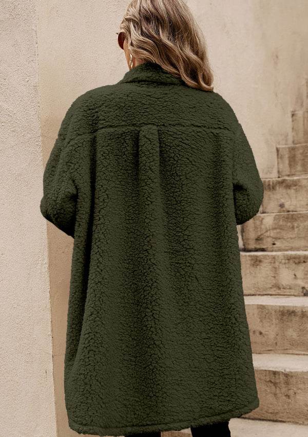Collared Neck Long Sleeve Longline Teddy Jacket - Delanoir
