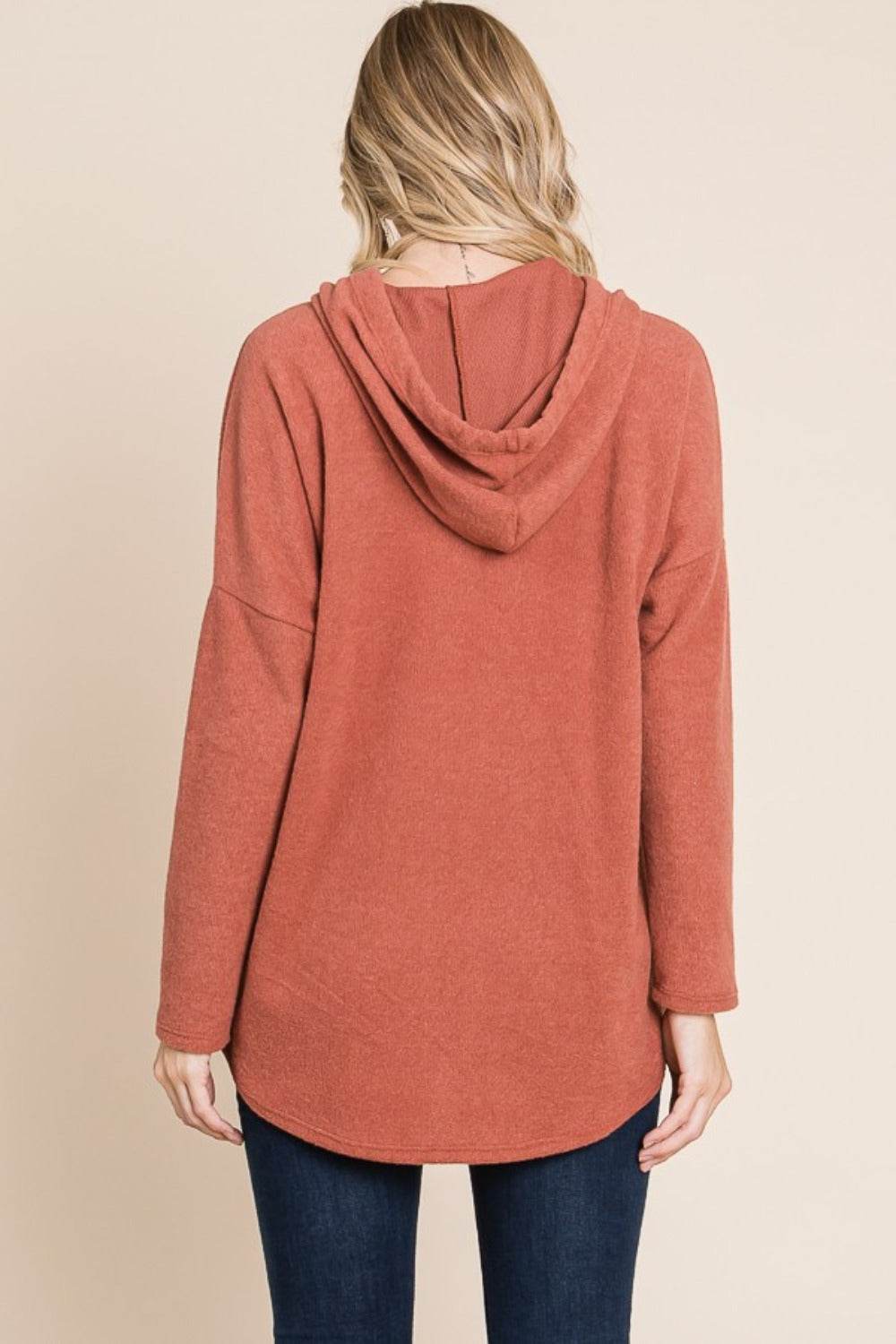 BOMBOM Contrast Drawstring Drop Shoulder Knit Hoodie - Delanoir