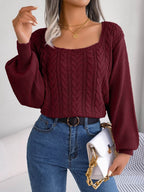 Cable-Knit Square Neck Long Sleeve Sweater - Delanoir
