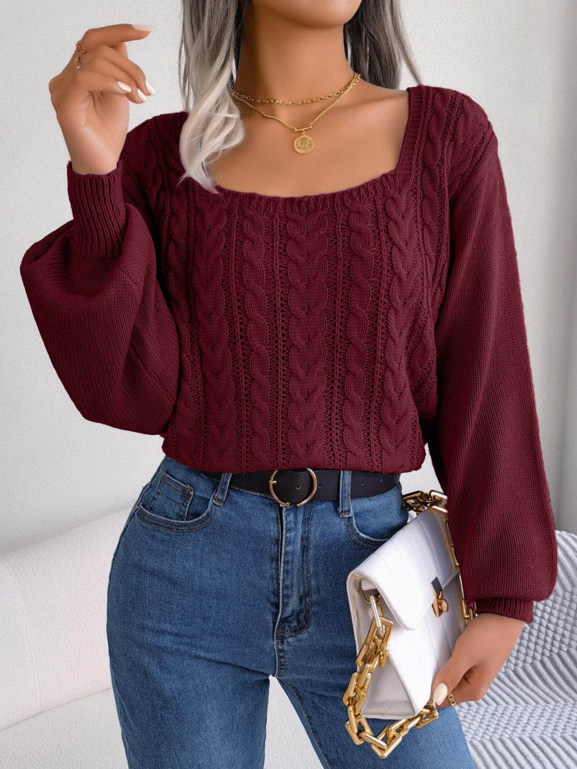 Cable-Knit Square Neck Long Sleeve Sweater - Delanoir