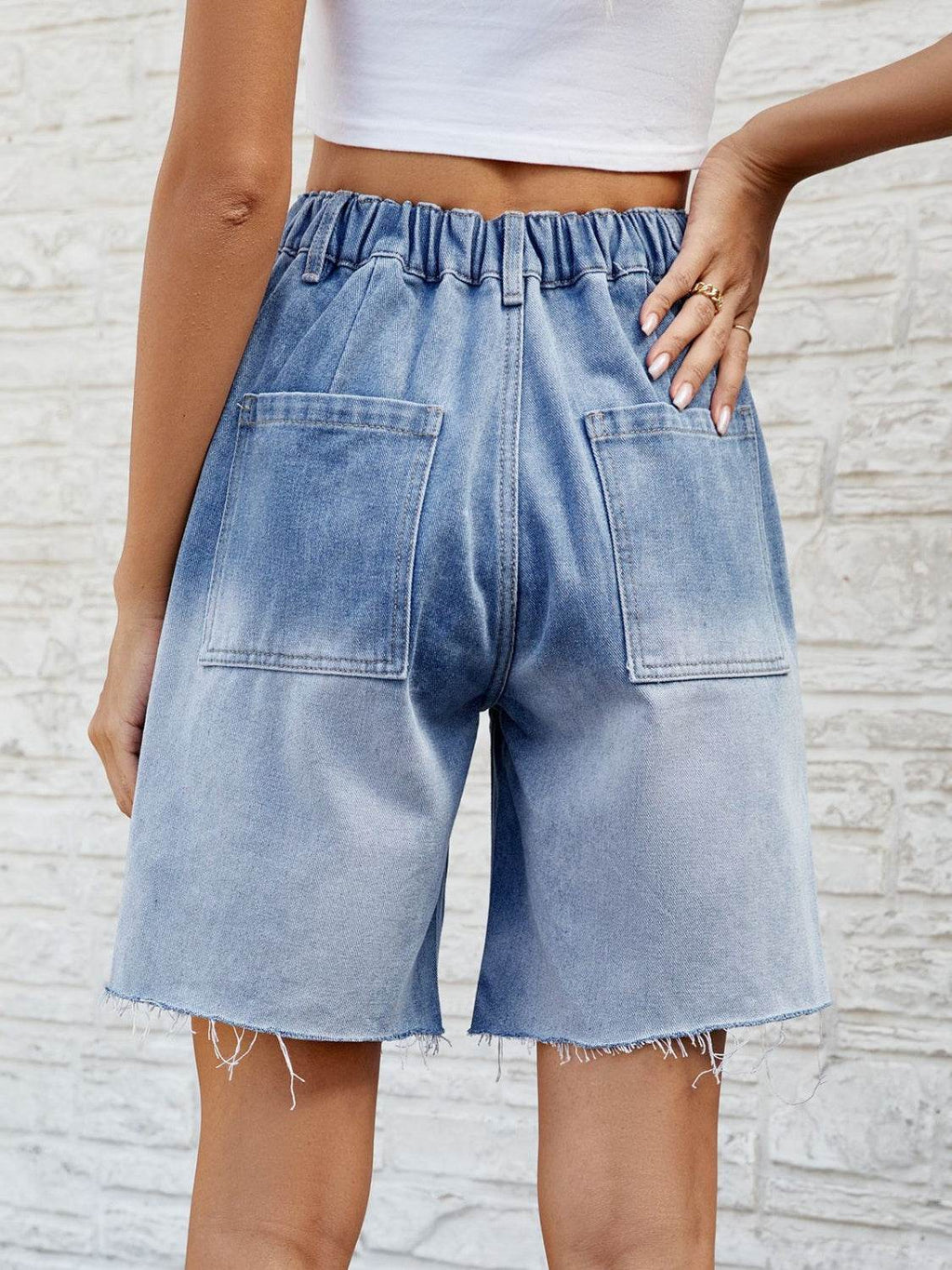 Buttoned Raw Hem Denim Shorts with Pockets - Delanoir