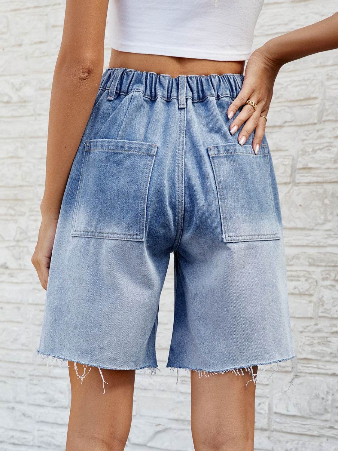 Buttoned Raw Hem Denim Shorts with Pockets - Delanoir