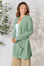Basic Bae Full Size Ribbed Open Front Cardigan with Pockets - Delanoir