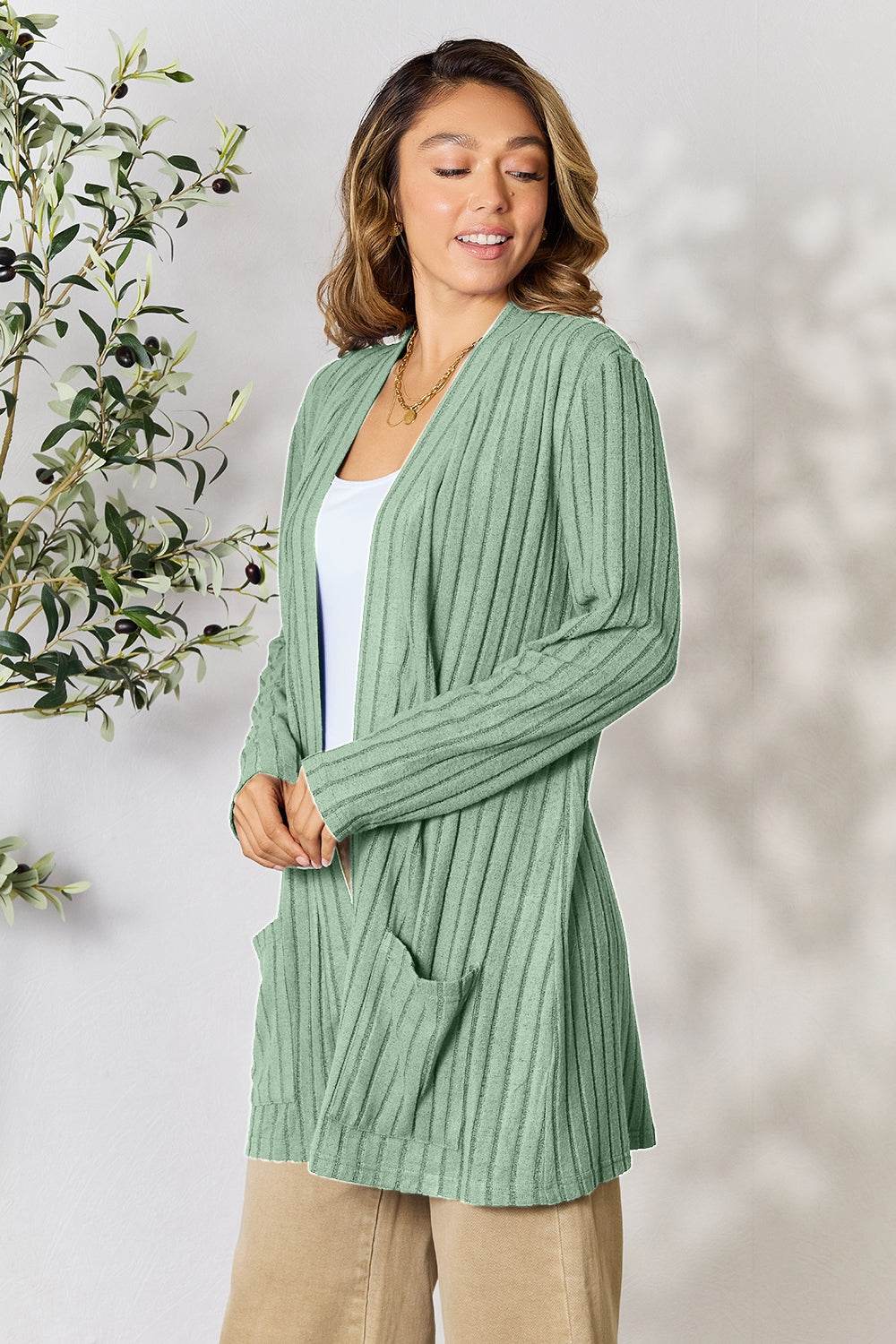 Basic Bae Full Size Ribbed Open Front Cardigan with Pockets - Delanoir