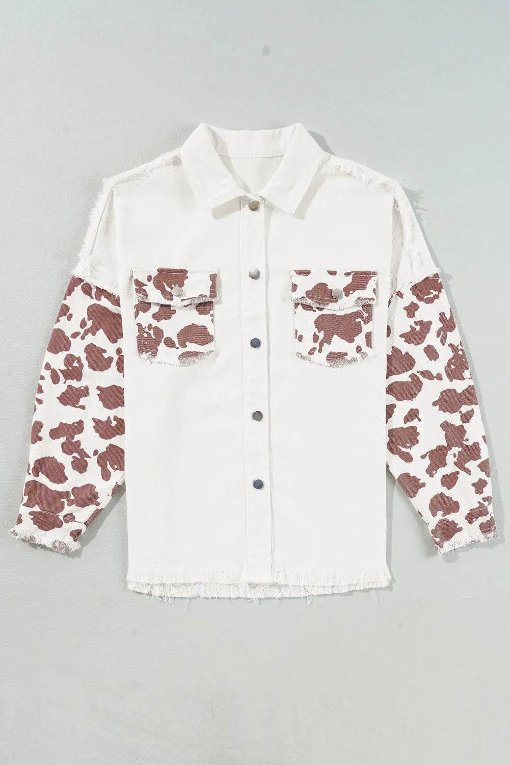Raw Hem Animal Print Long Sleeve Denim Jacket - Delanoir