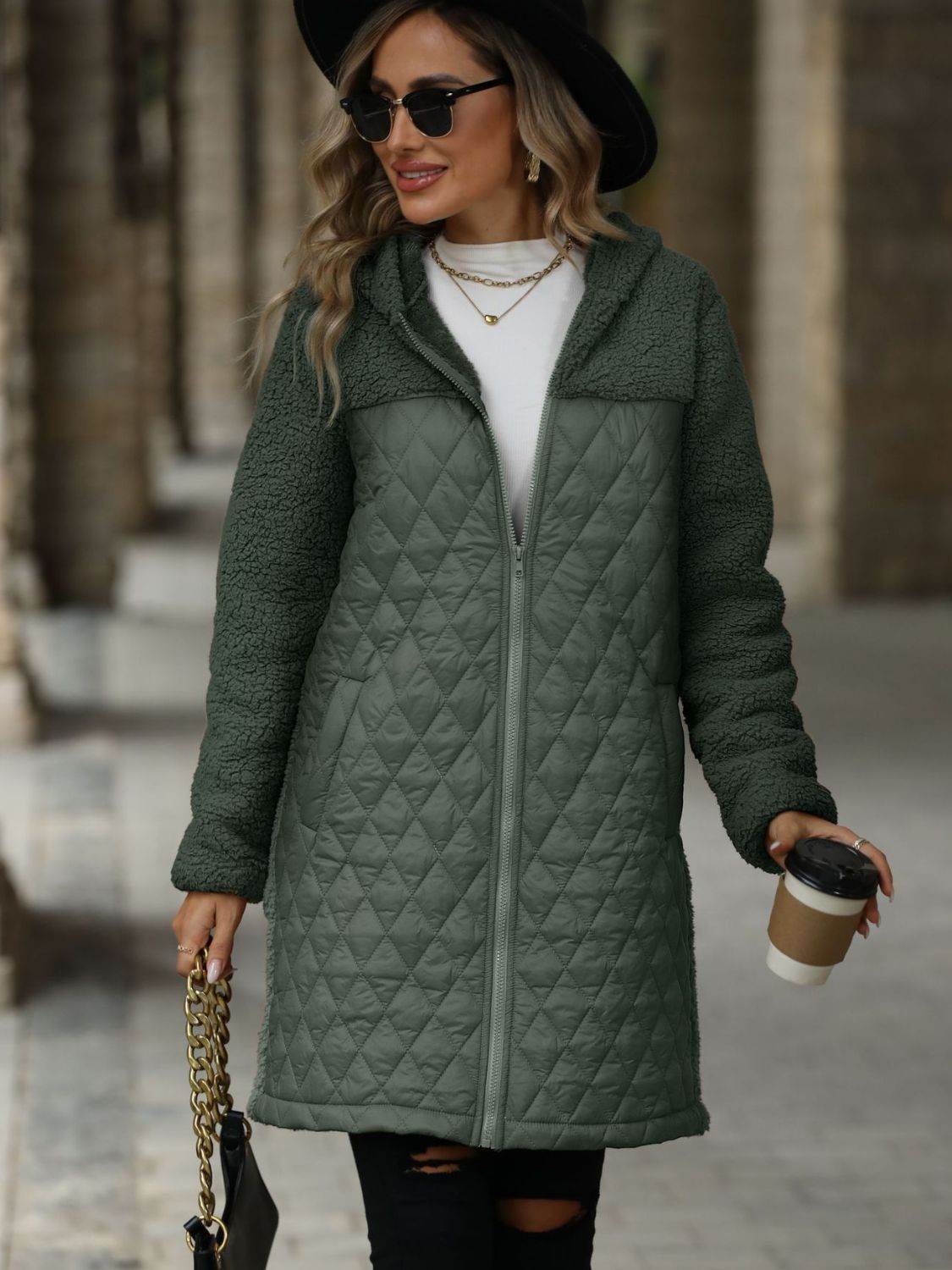 Texture Zip Up Long Sleeve Hooded Coat - Delanoir