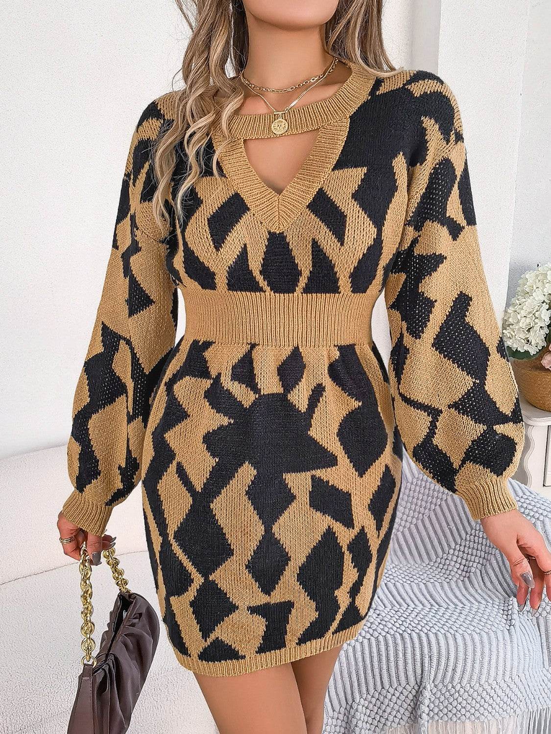 Contrast Round Neck Cutout Long Sleeve Mini Sweater Dress - Delanoir