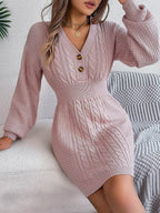 Buttoned Cable-Knit V-Neck Sweater Dress - Delanoir