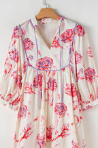 Tied Flower Printed Three-Quarter Sleeve Dress - Delanoir
