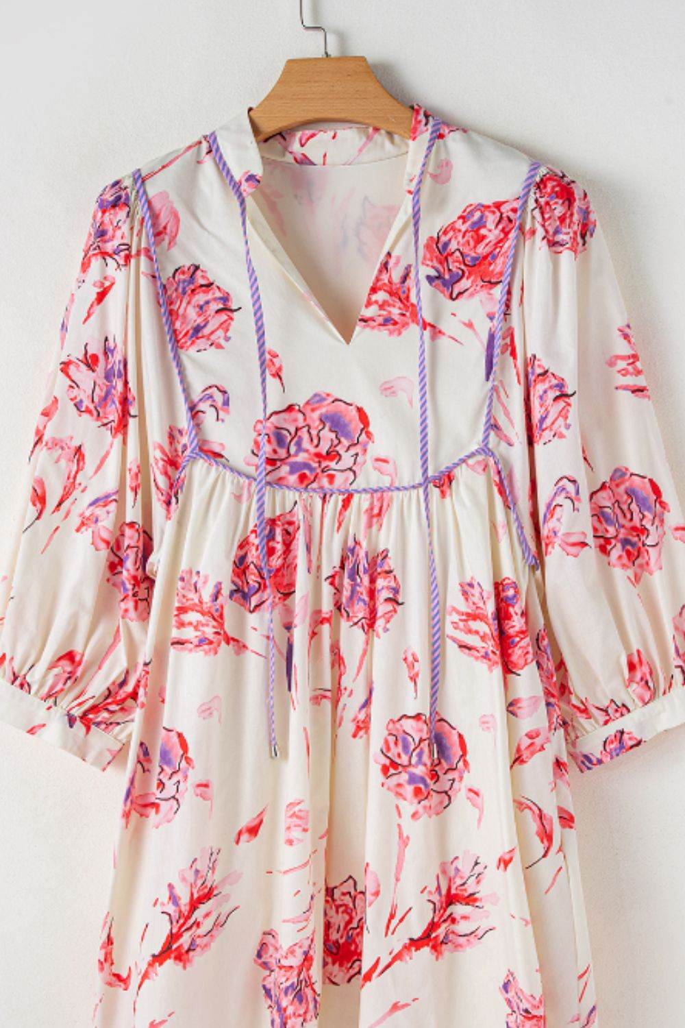Tied Flower Printed Three-Quarter Sleeve Dress - Delanoir