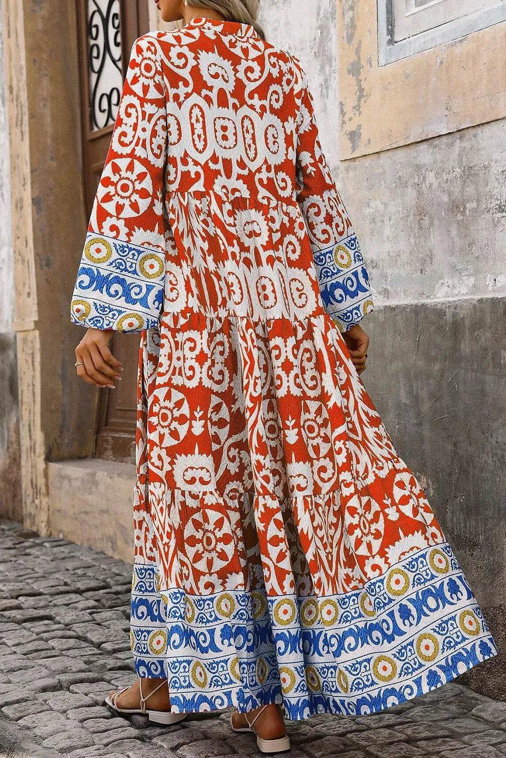 Printed Notched Long Sleeve Maxi Dress - Delanoir