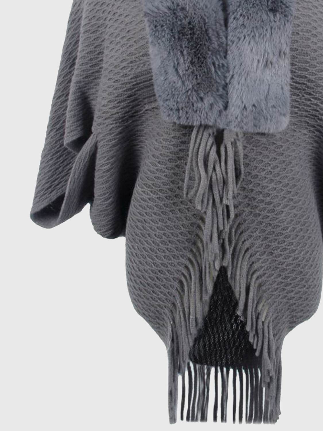 Open Front Fringe Hem Poncho - Delanoir