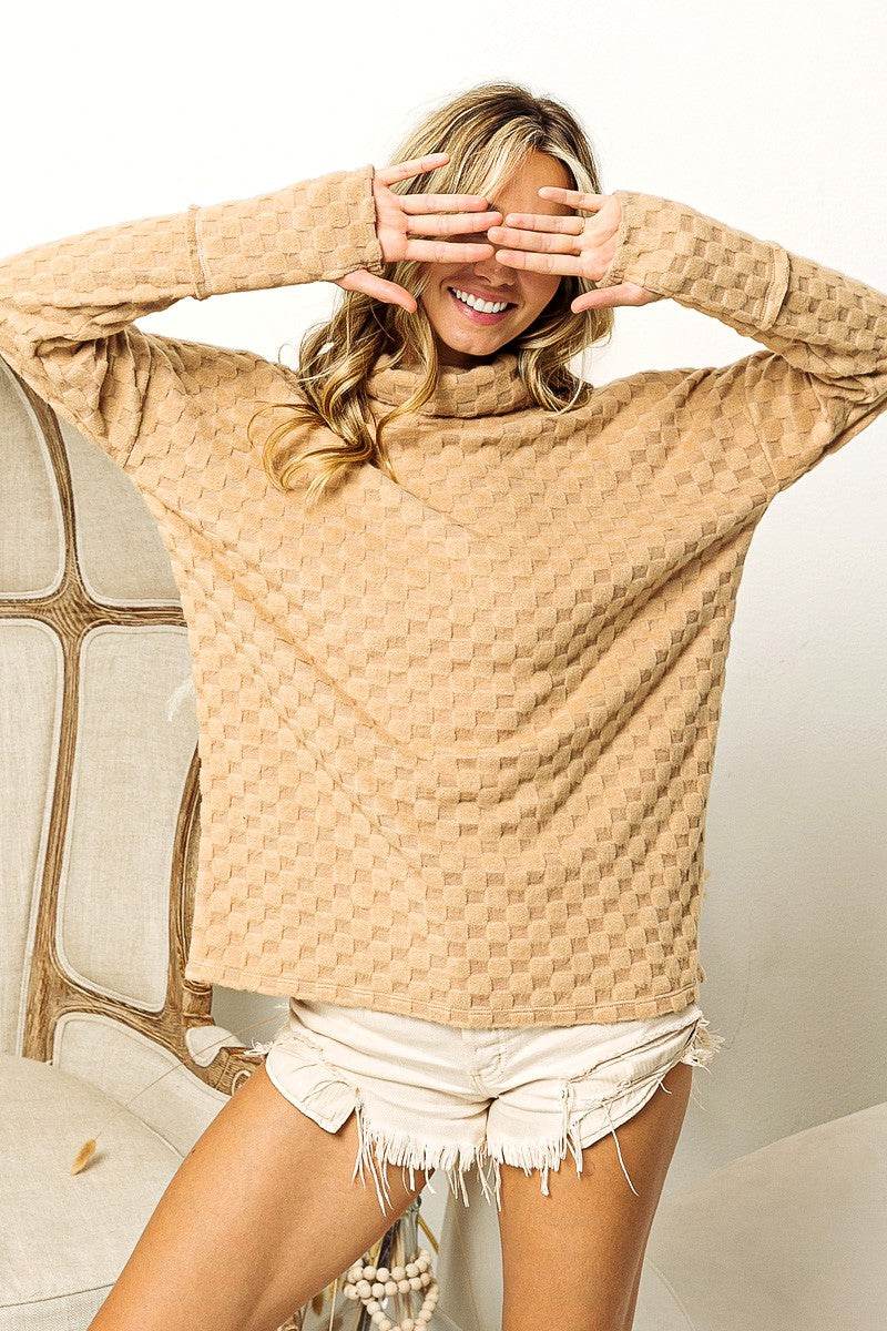 BiBi Checkered Round Neck Thumbhole Long Sleeve Top - Delanoir