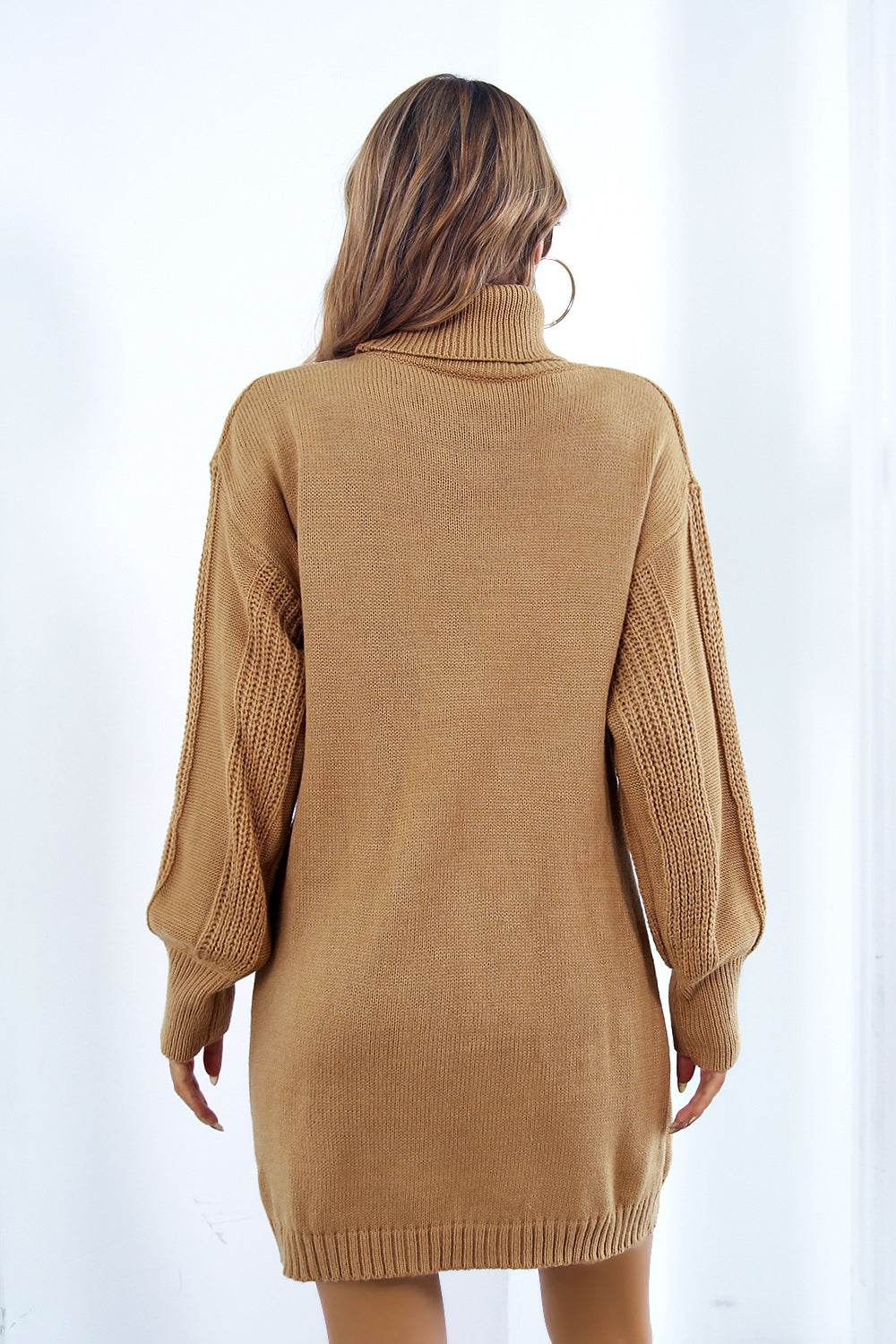 Openwork Turtleneck Long Sleeve Sweater Dress - Delanoir