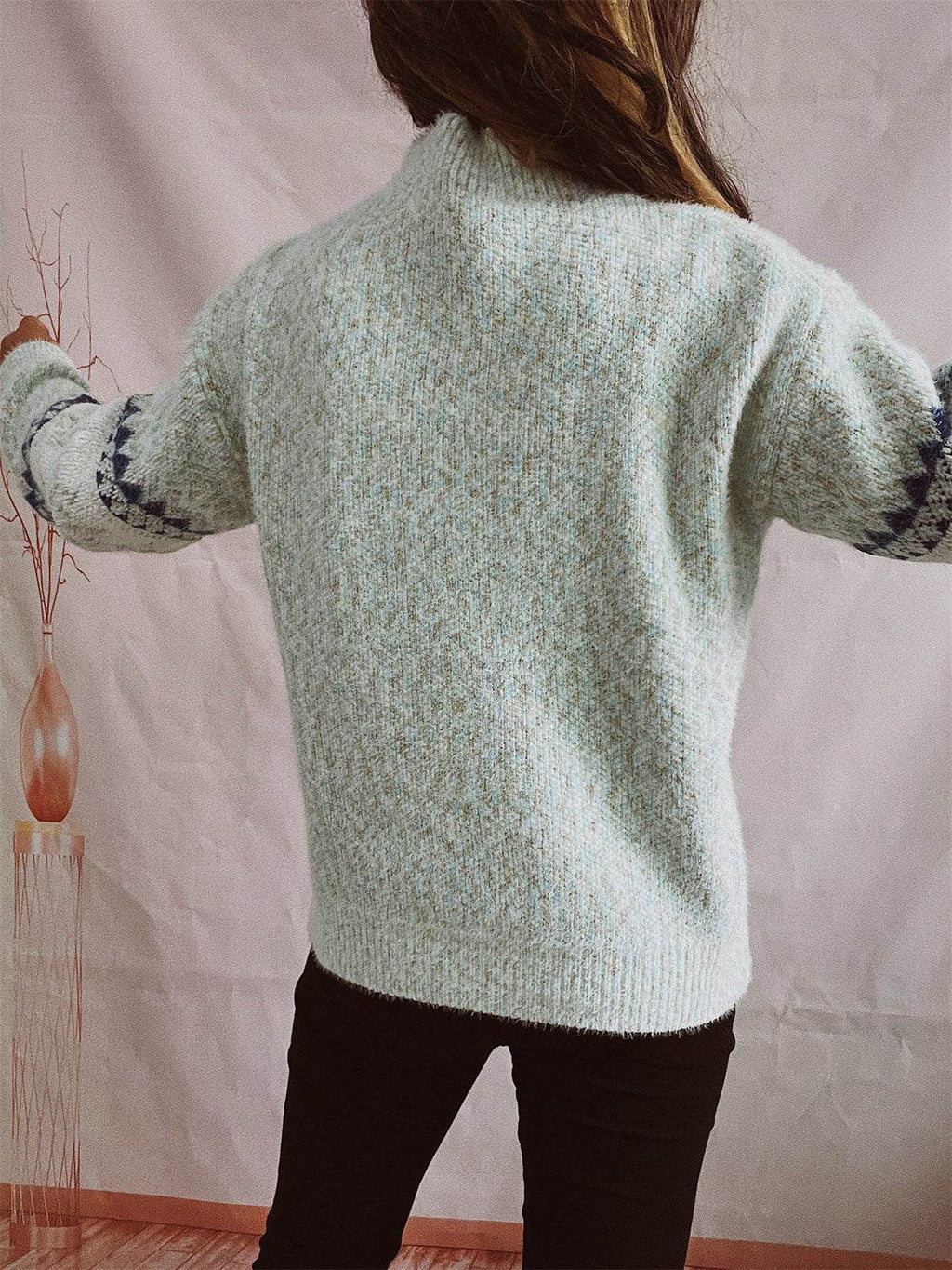 Geometric Mock Neck Dropped Shoulder Sweater - Delanoir