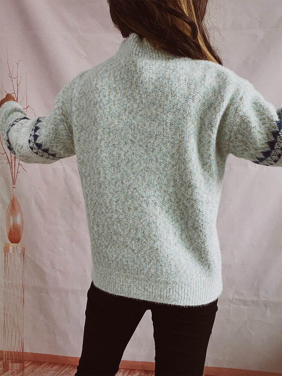 Geometric Mock Neck Dropped Shoulder Sweater - Delanoir