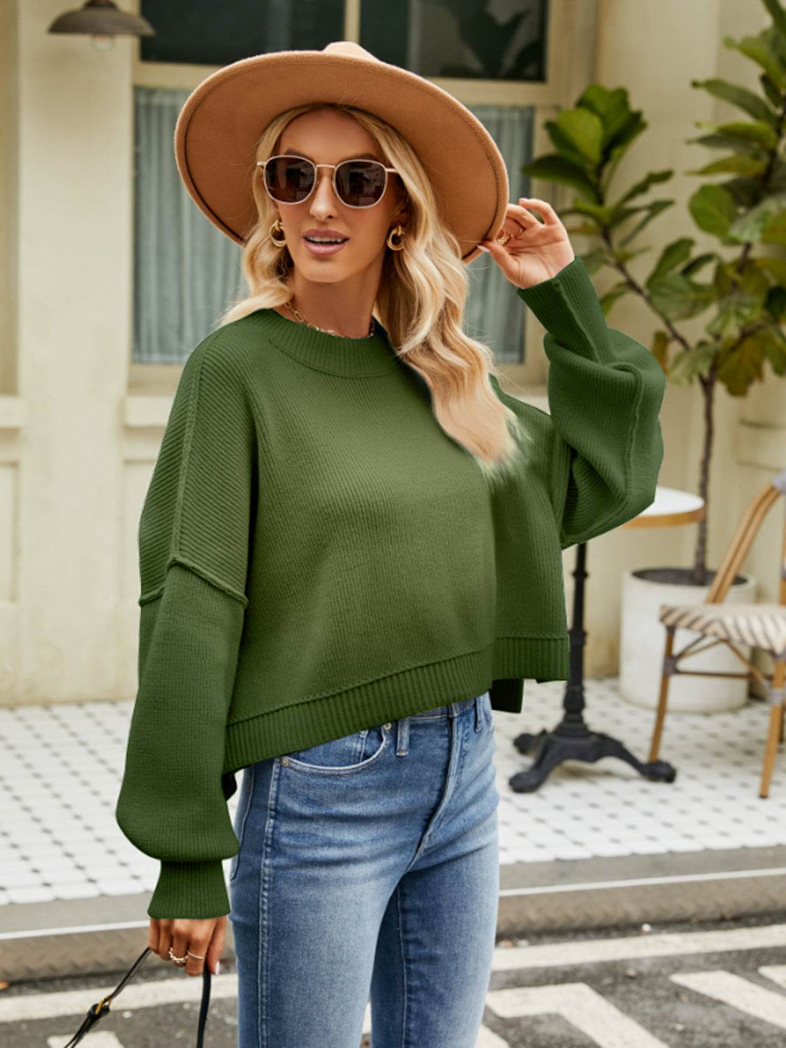 Round Neck Lantern Sleeve Sweater - Delanoir