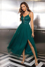 Spaghetti Strap Slit Mesh Dress - Delanoir