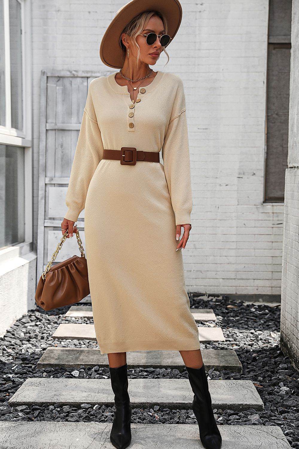 Decorative Button Notched Dropped Shoulder Sweater Dress - Delanoir