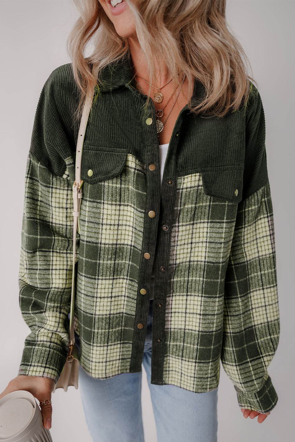 Snap Down Collared Neck Plaid Shacket - Delanoir