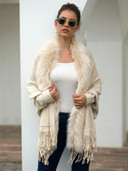 Fringe Open Front Long Sleeve Poncho - Delanoir