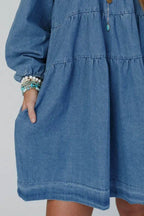 Tied Square Neck Long Sleeve Denim Dress with Pockets - Delanoir