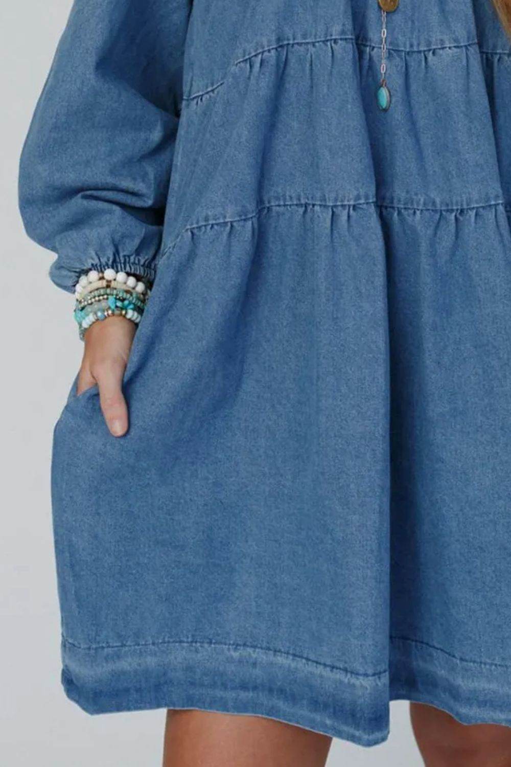 Tied Square Neck Long Sleeve Denim Dress with Pockets - Delanoir