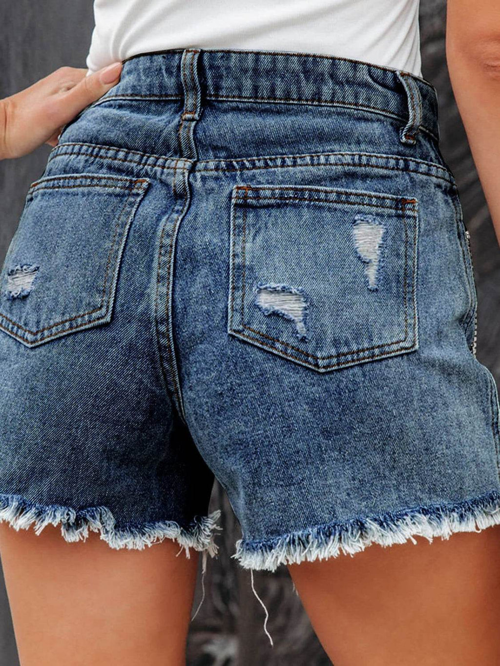 Distressed Fringe Denim Shorts with Pockets - Delanoir