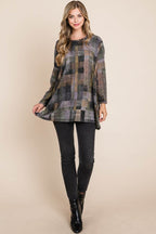BOMBOM Plaid Round Neck Long Sleeve Top - Delanoir