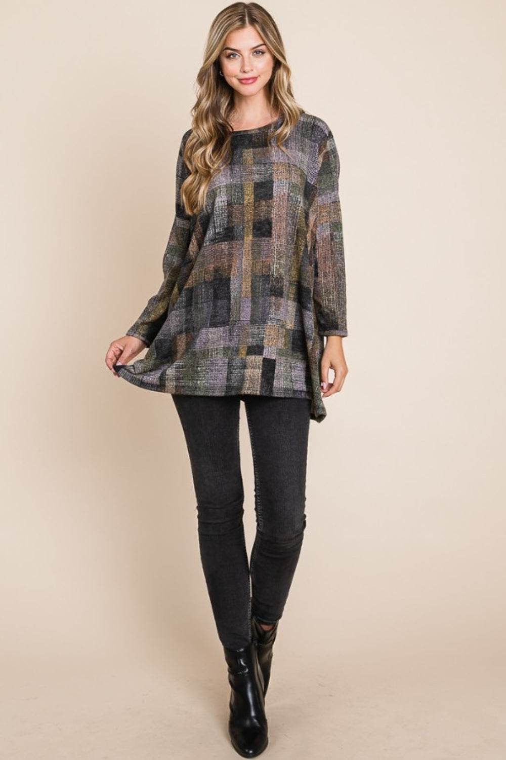 BOMBOM Plaid Round Neck Long Sleeve Top - Delanoir