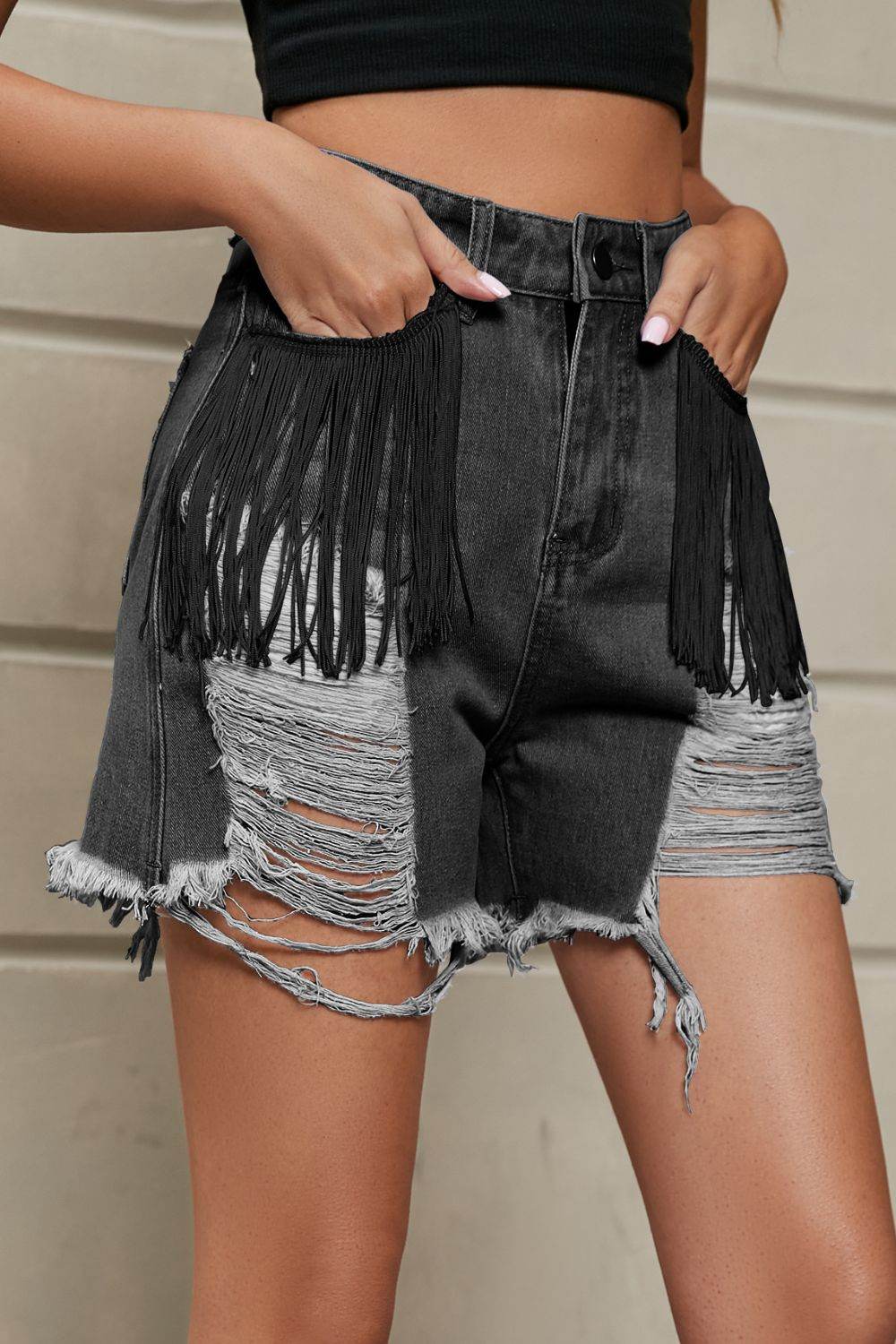 Fringe Trim Distressed Denim Shorts with Pockets - Delanoir