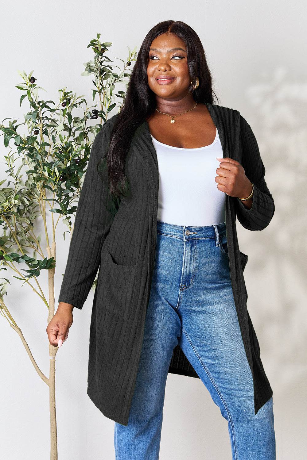 Basic Bae Full Size Hooded Sweater Cardigan - Delanoir