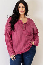 Basic Bae Full Size Ribbed Half Button Long Sleeve High-Low T-Shirt - Delanoir