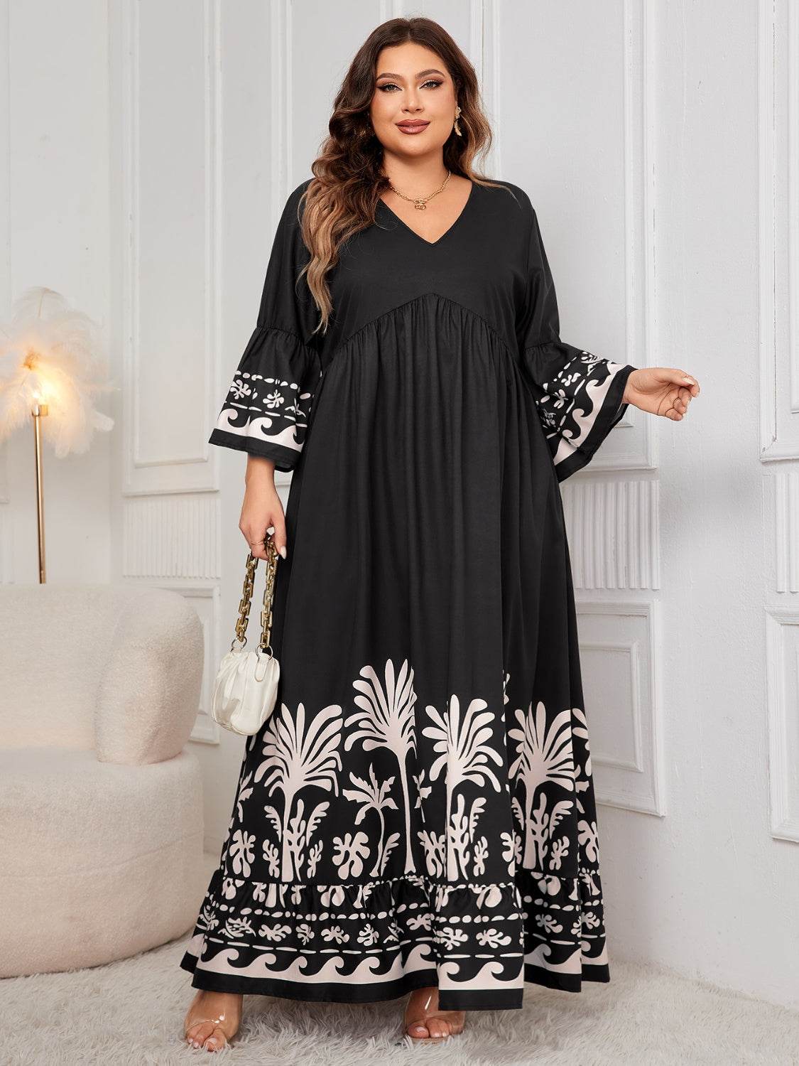 Honey Plus Size Printed V-Neck Long Sleeve Maxi Dress - Delanoir