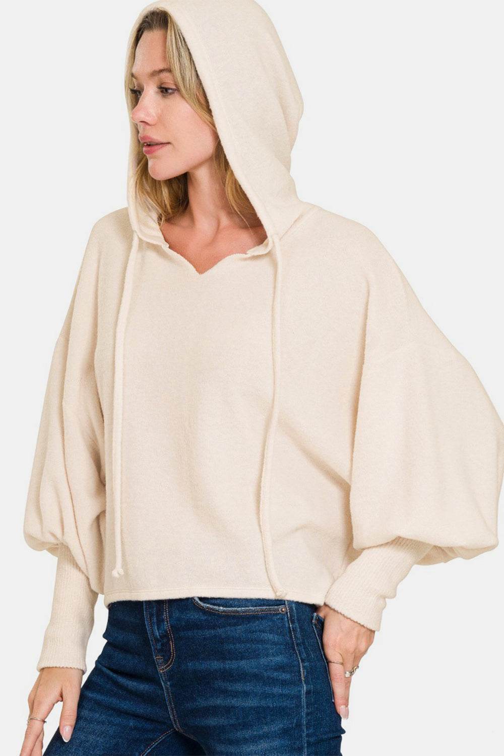 Zenana Brushed Hacci Drop Shoulder Cropped Hoodie - Delanoir
