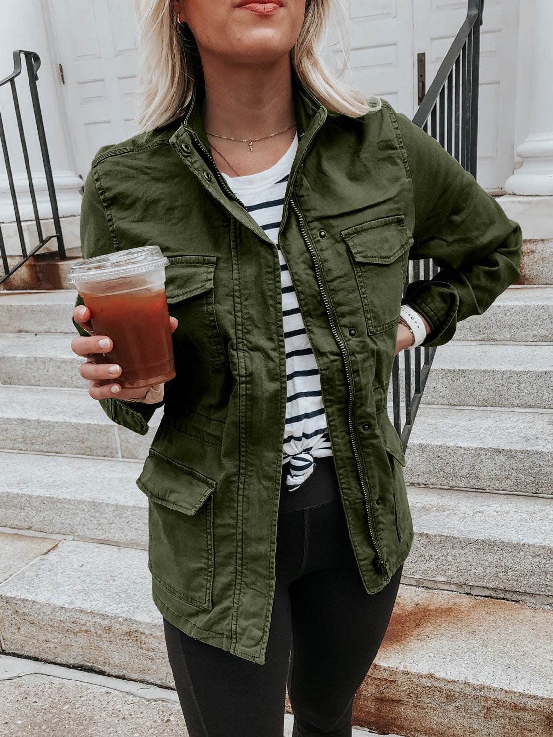 Pocketed Long Sleeve Zip Up Jacket - Delanoir
