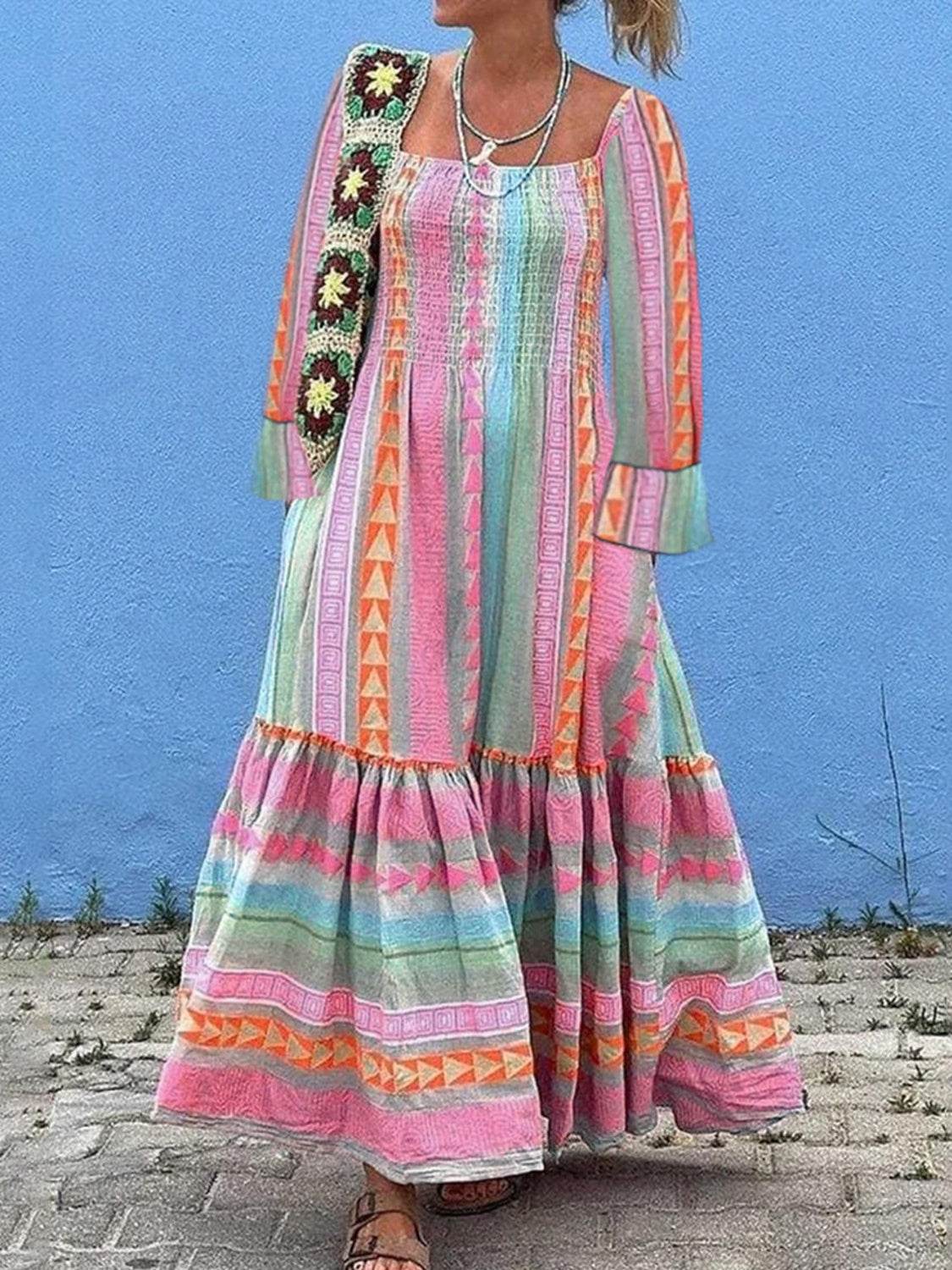 Ruffled Striped Long Sleeve Dress - Delanoir