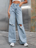 Distressed Wide Leg Jeans with Pockets - Delanoir