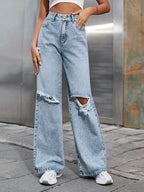 Distressed Wide Leg Jeans with Pockets - Delanoir