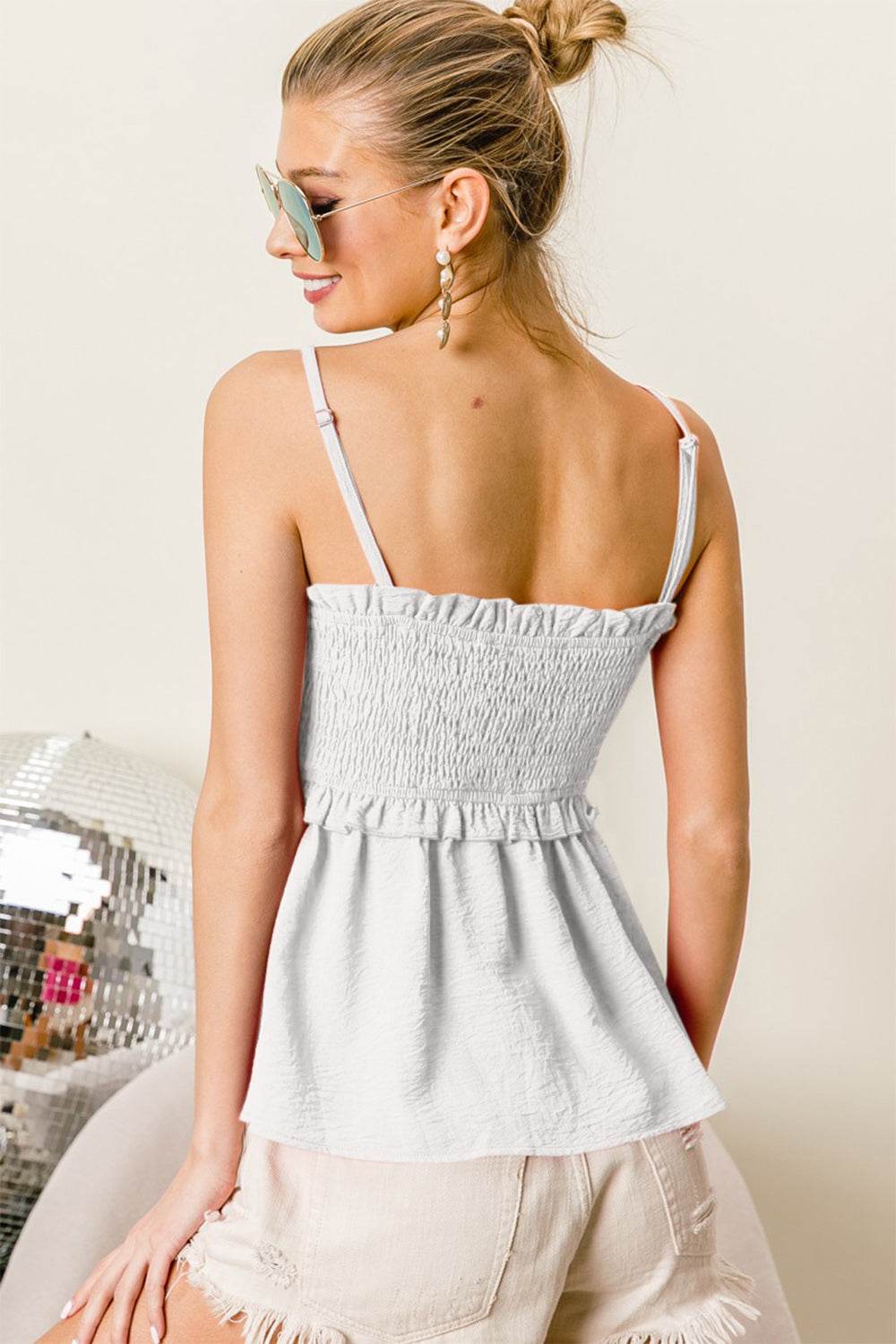 BiBi Ruffle Edge Smocking Babydoll Cami - Delanoir