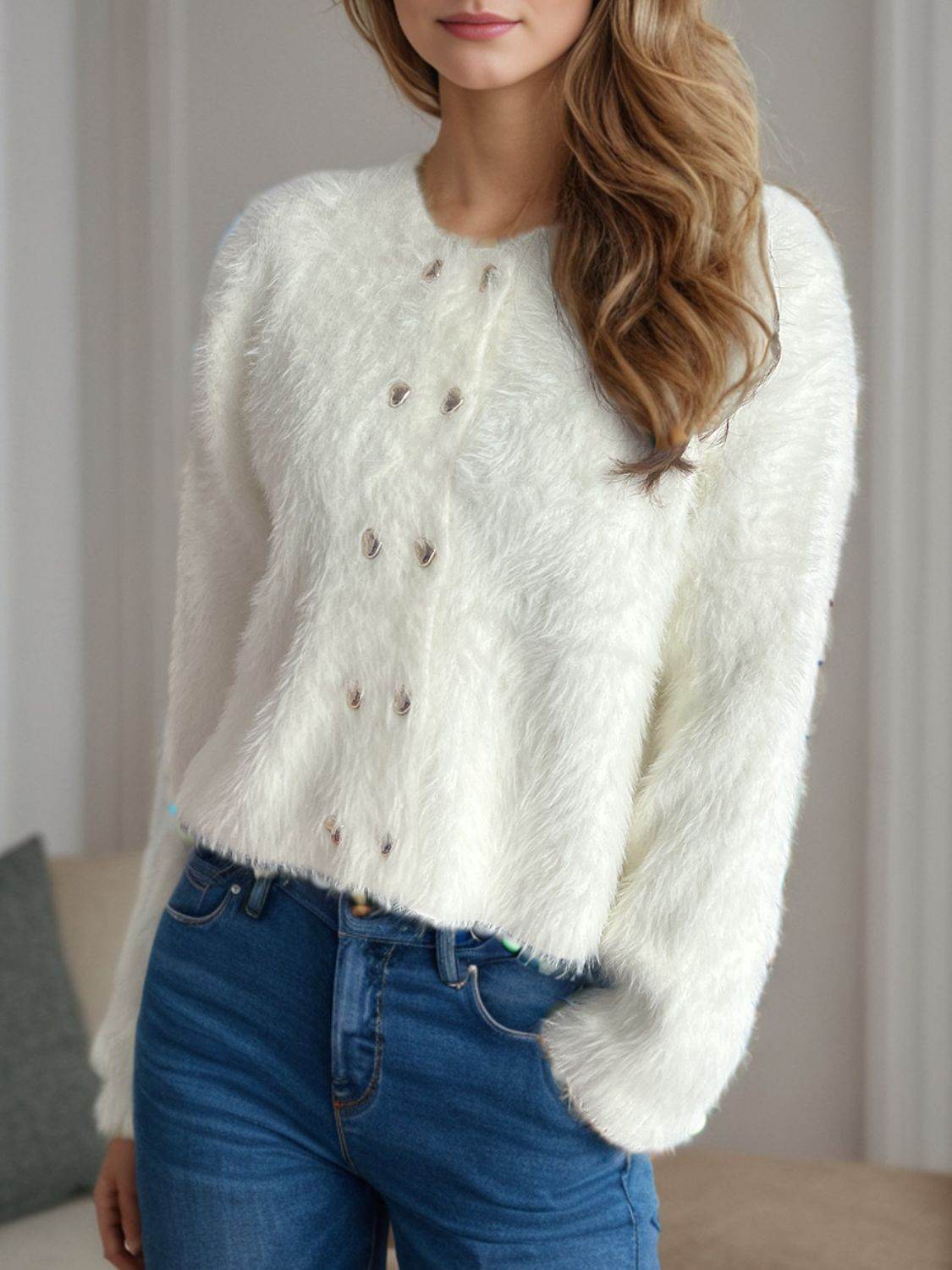 Heart Button Round Neck Cardigan - Delanoir