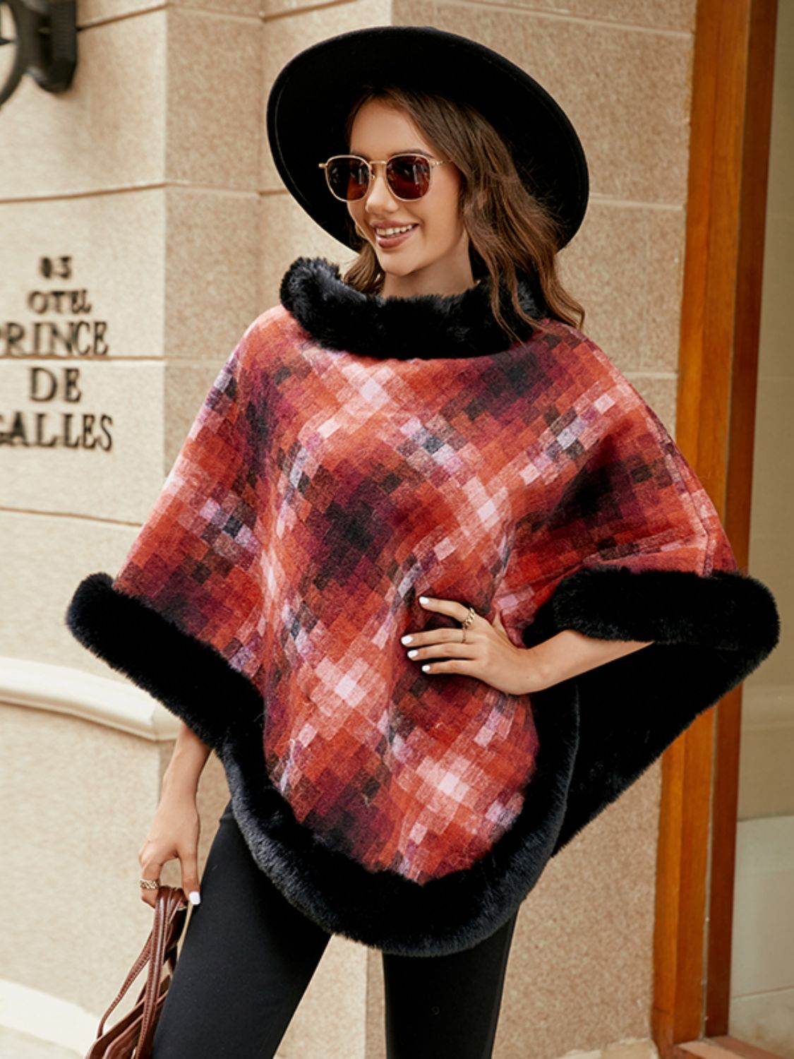 Faux Fur Trim Poncho - Delanoir