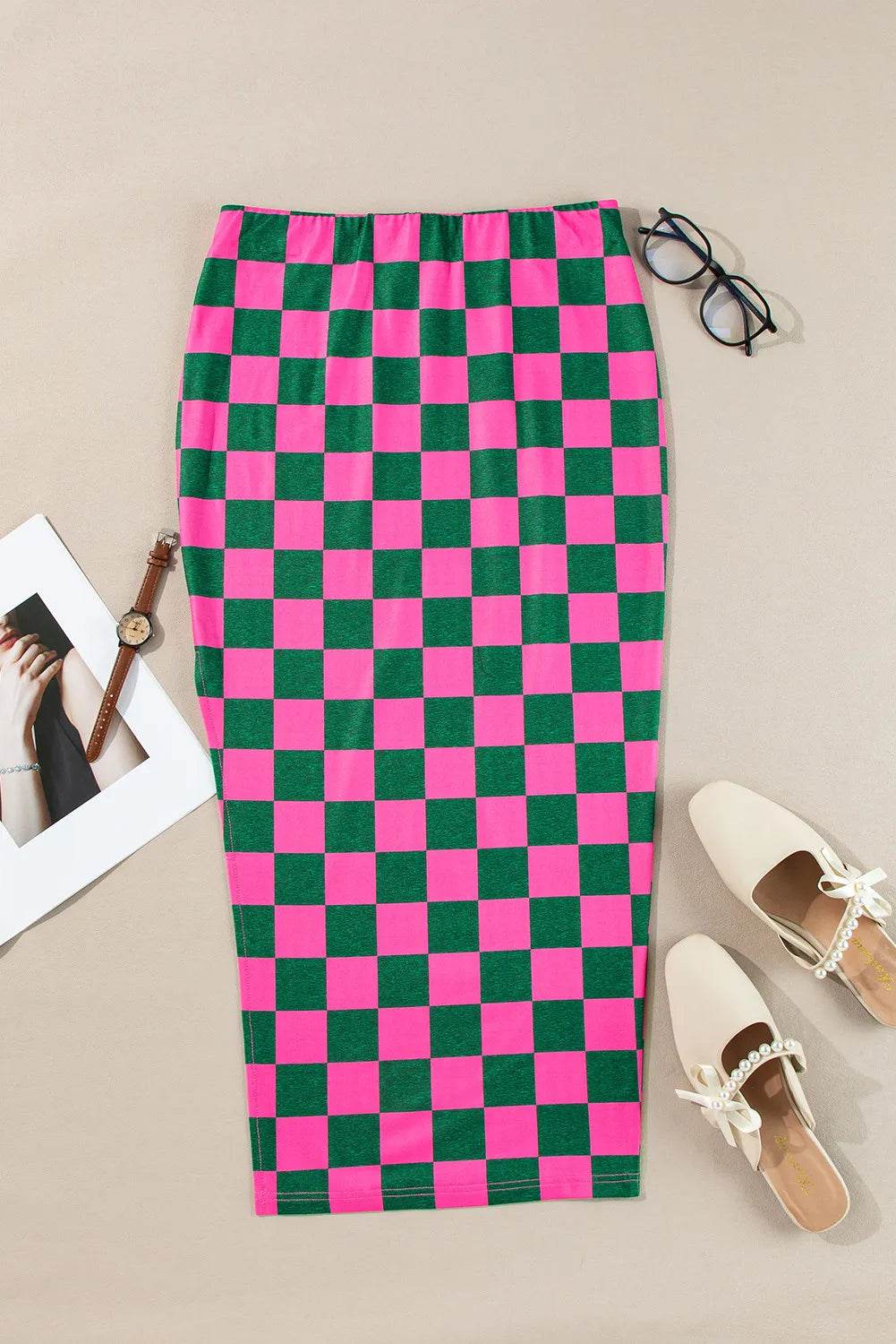Split Checkered Midi Skirt - Delanoir