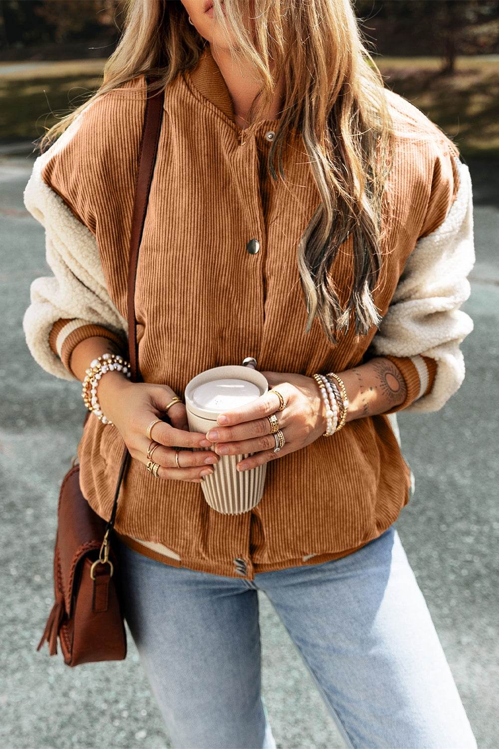 Contrast Baseball Collar Snap Down Long Sleeve Jacket - Delanoir