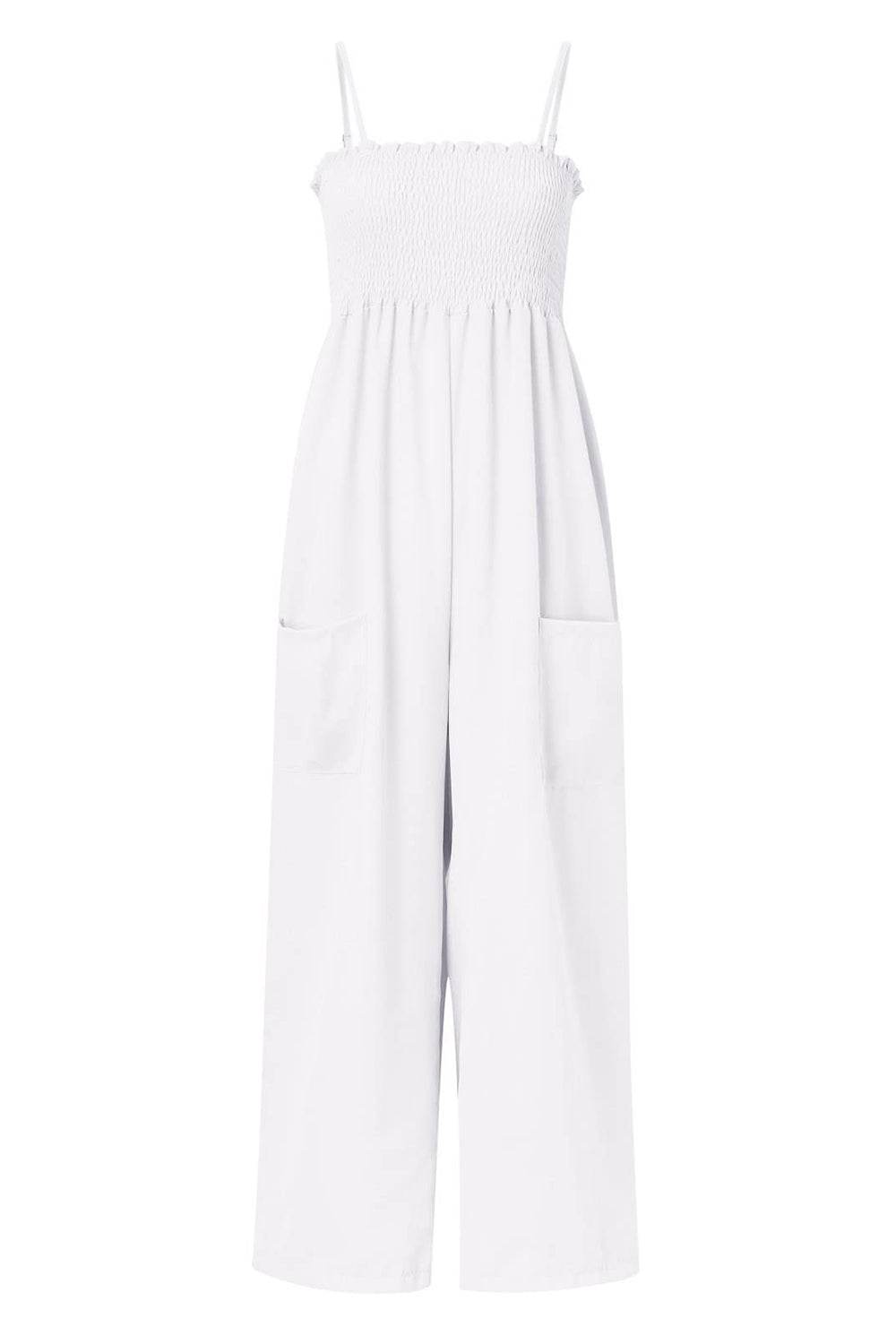 Smocked Spaghetti Strap Wide Leg Jumpsuit - Delanoir