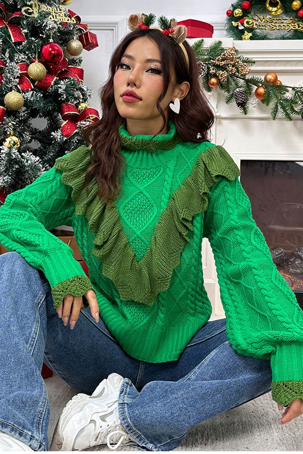 Cable-Knit Ruffled Mock Neck Lantern Sleeve Sweater - Delanoir