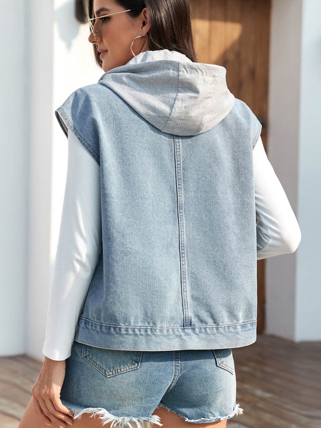 Drawstring Button Up Sleeveless Denim Jacket - Delanoir