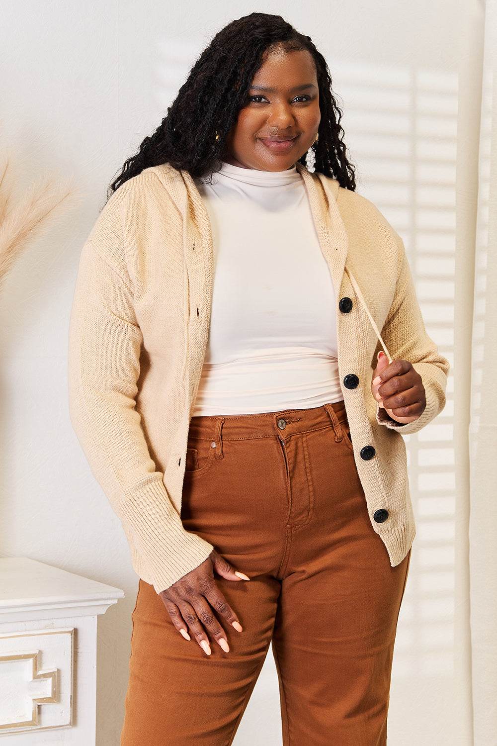 Woven Right Button-Down Long Sleeve Hooded Sweater - Delanoir