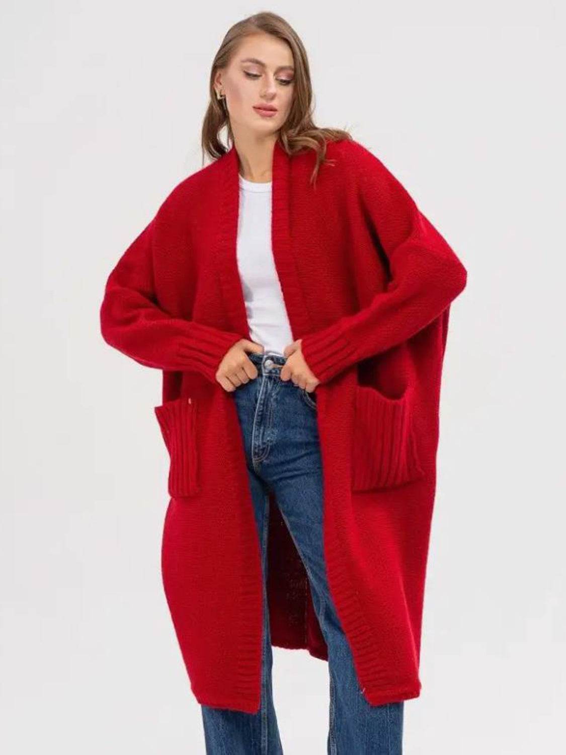 Pocketed Open Front Long Sleeve Longline Cardigan - Delanoir